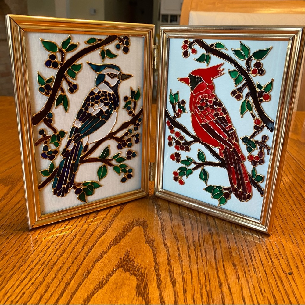 Hand-Painted Blue Jay and Cardinal Stained Glass Art